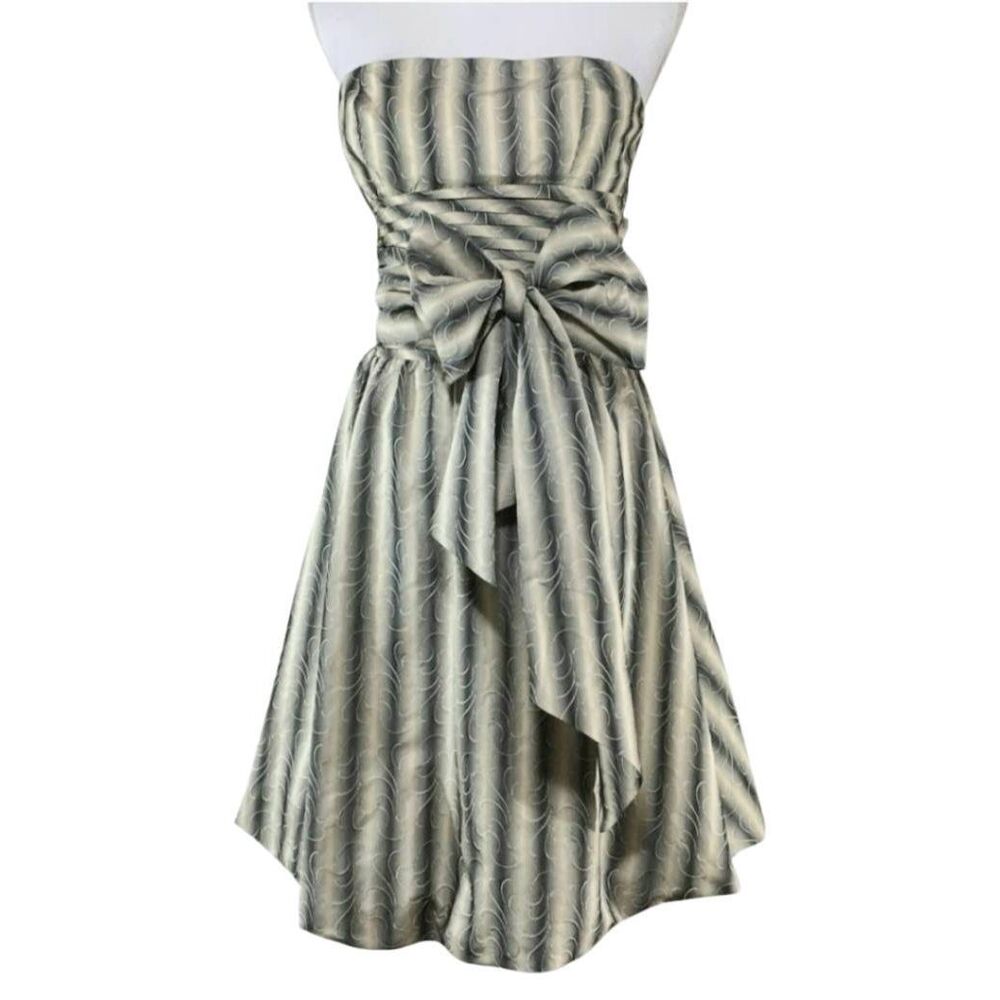 BCBGMAXAZRIA Tan and Gray Swirl Striped Sleeveless Bubble Dress
